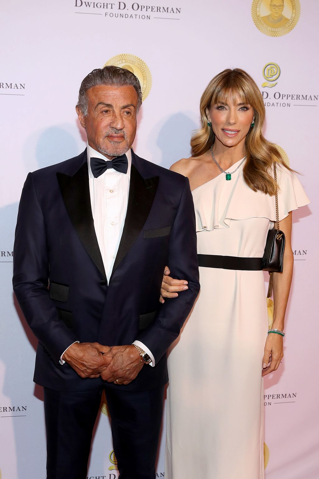 WASHINGTON, DC - MARCH 11: Sylvester Stallone (L) and Jennifer Flavin Stallone at the Justice Ruth Bader Ginsburg Woman of Leadership Award on March 11, 2022 in Washington, DC honoring Diane von Furstenberg. (Photo by Tasos Katopodis/Getty Images for The Dwight D. Opperman Foundation)