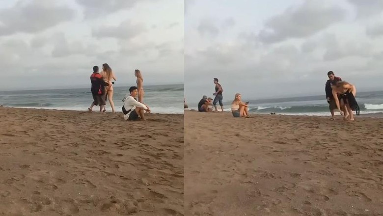Viral di media sosial seorang bule wanita tengah berebut handphone (HP) dengan bapak-bapak di sebuah pantai yang diduga di Bali.
