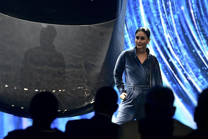 Bollywood actress Kareena Kapoor Khan poses while walking the ramp as a showstopper for launch of the Mercedes AMG EQS 53 4MATIC+ sedan electric vehicle in Mumbai on August 24, 2022. (Photo by Sujit JAISWAL / AFP) (Photo by SUJIT JAISWAL/AFP via Getty Images)