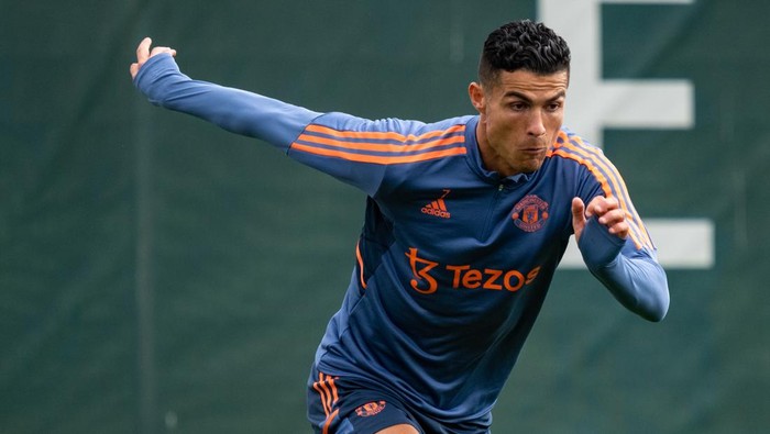 MANCHESTER, ENGLAND - AUGUST 23: (EXCLUSIVE COVERAGE) Cristiano Ronaldo of Manchester United in action during a first team training session at Carrington Training Ground on August 23, 2022 in Manchester, England. (Photo by Ash Donelon/Manchester United via Getty Images)