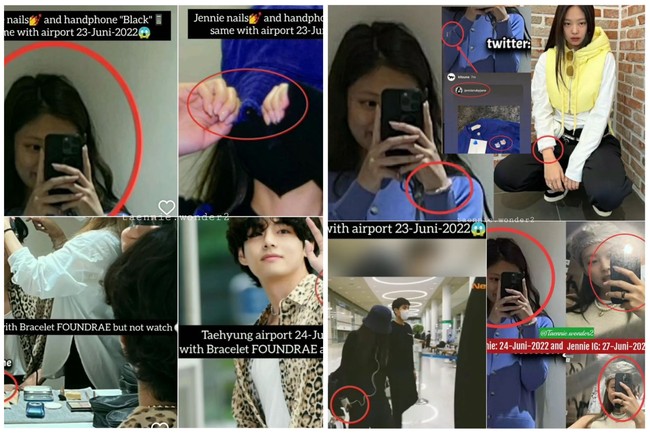 Sejumlah penggemar pun mencari kesamaan dari foto tersebut. Mulai dari cardigan dan gelang milik Jennie BLACKPINK. Hingga kemeja bermotif macan tutul yang dikenakan V BTS saat ke Paris bersama Park Bo Gum dan Lisa BLACKPINK. Foto: dok. Twitter @taennie.wonder2
