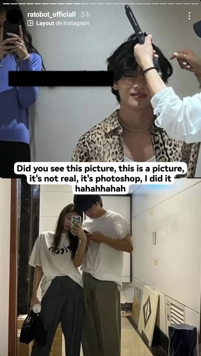 Di tengah spekulasi penggemar, pemilik akun Instagram @ratobot_officiall mengaku mengedit foto-foto Jennie BLACKPINK dan V BTS yang menghebohkan jagat maya. Dia mengaku berasal dari Cina dan menyebut wanita dalam foto itu adalah kenalannya. Foto: dok. Instagram @ratobot_officiall