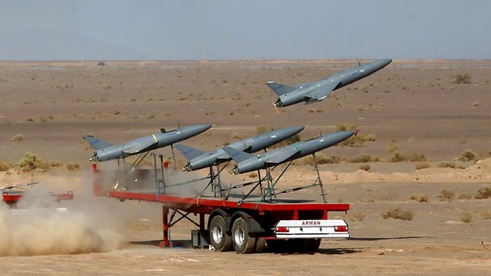 In this photo released by the Iranian Army on Thursday, Aug. 25, 2022, a drone is launched in a military drone drill in Iran. (Iranian Army via AP)