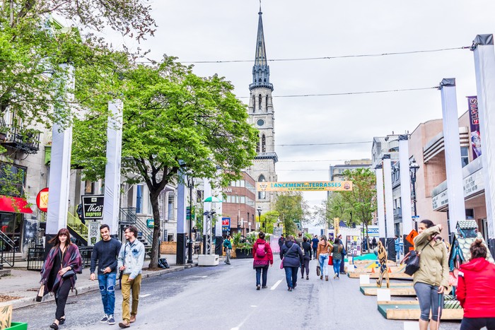 Montreal: People walking on Saint Denis street in Montreals Plateau Mont Royal in Quebec region