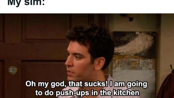 Ada kebakaran, bukannya selamatkan anaknya malah push-up di dapur. Haduh, Sim-nya aneh banget. Foto: CaliTenday via Bored Panda