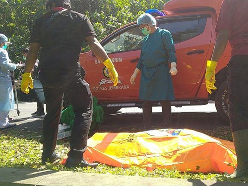 Petugas saat melakukan evakuasi terhadap jenazah I Gusti Agung Mirah Lestari di Jalan Raya Denpasar-Gilimanuk, Kecamatan Nelaya, Jembrana beberapa waktu lalu.