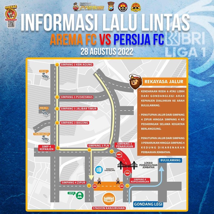 Rute rekayasa lalu lintas laga Arema vs Persija