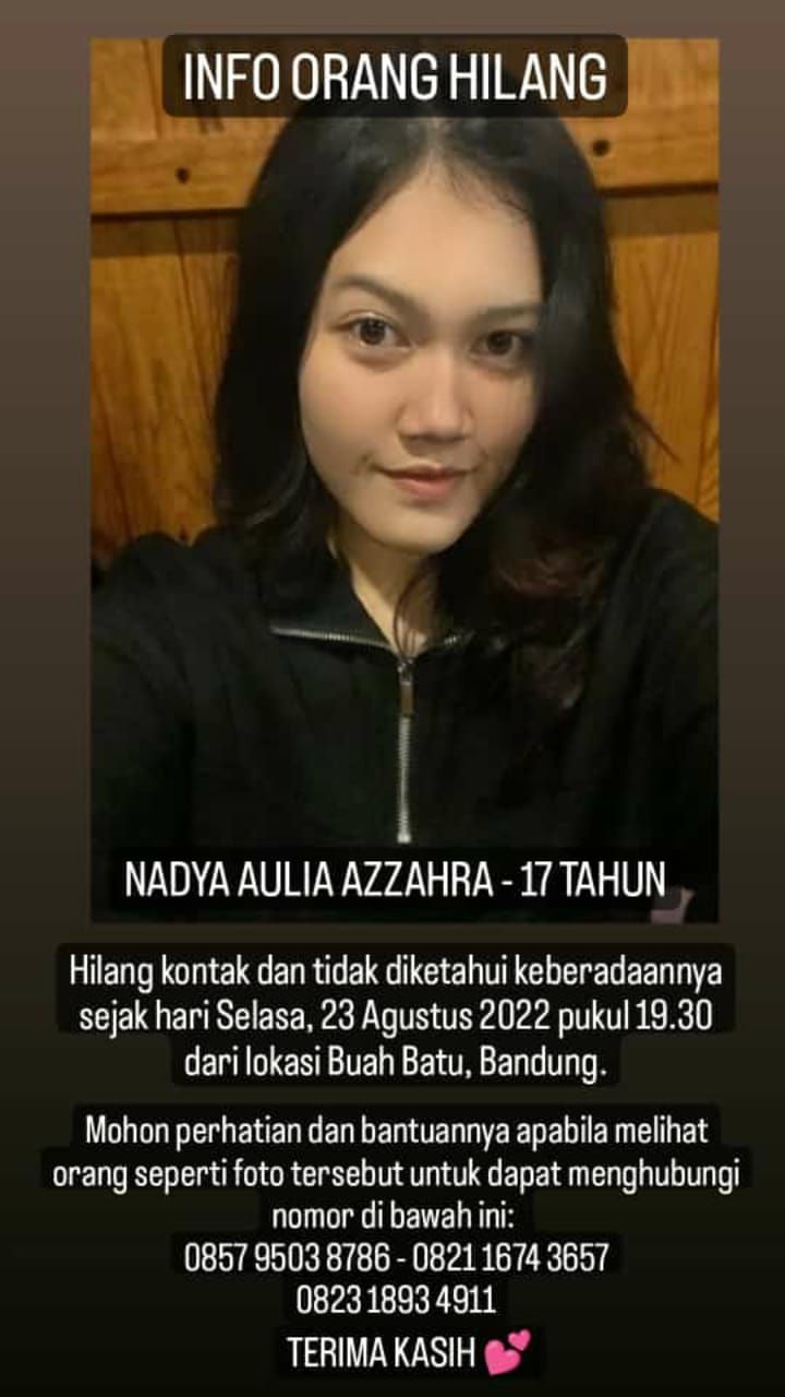 Seorang ABG asal Kota Bandung bernama Nadya Aulia Azzahra (17) dilaporkan hilang.
