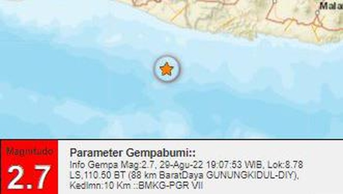 Gempa M 2,7 di perairan Gunungkidul, Senin (29/8/2022) pukul 19.07 WIB.