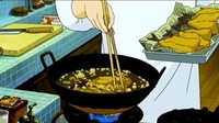 Menampilkan sosok seorang chef yang sedang memasak, ada tempura udang yang tampak menggiurkan. Bulatannya tampak gendut-gendut dengan warna emas kecokelatan yang terbayang kerenyahannya. Foto: Studio Ghibli via Twitter/animepiic