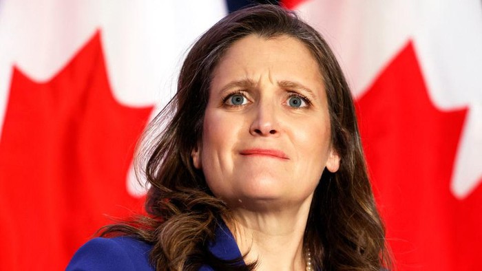 Canadas Finance Minister Chrystia Freeland reacts during a news conference before delivering the 2022-23 budget, in Ottawa, Ontario, Canada, April 7, 2022. REUTERS/Blair Gable
