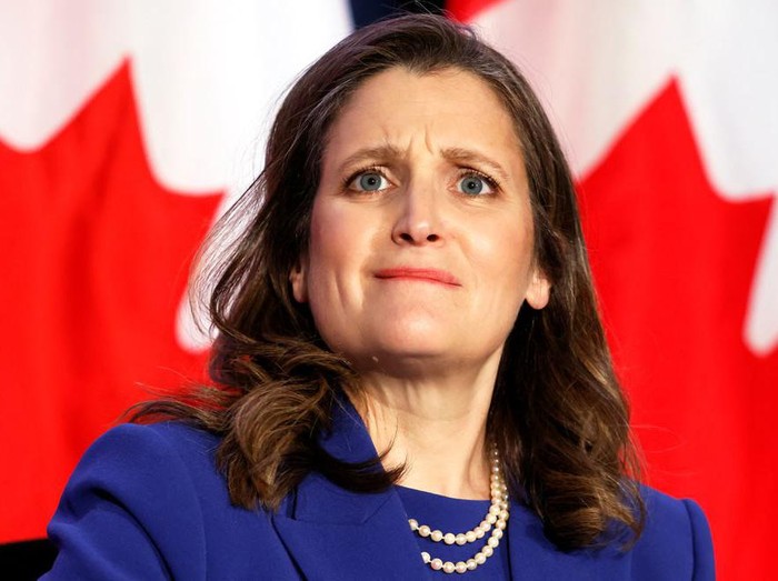 Canadas Finance Minister Chrystia Freeland reacts during a news conference before delivering the 2022-23 budget, in Ottawa, Ontario, Canada, April 7, 2022. REUTERS/Blair Gable