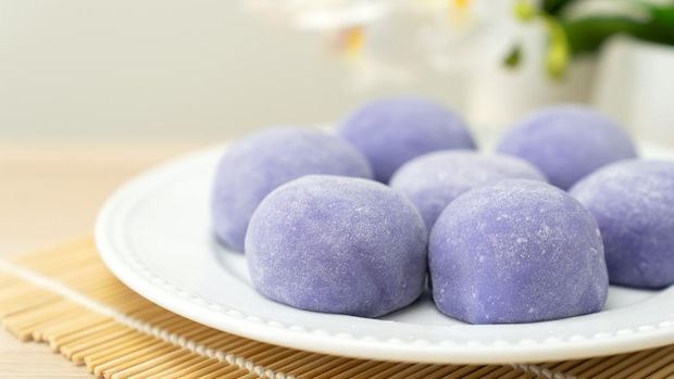 Purple color taro or yam mochi japanese dessert