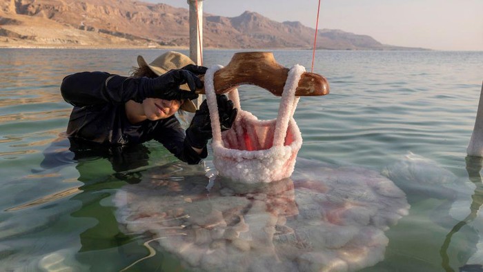 Potret Unik Karya Seni dari Kristal Garam di Laut Mati Multidisciplinary Israeli artist Sigalit Landau inspects one of her artworks, after being submerged in the salty Dead Sea water at the Ein Bokek resort, on August 2, 2022. - Israeli artist Sigalit Landau wades into the warm, briny waters of the Dead Sea to inspect her latest creations -- everyday objects coated in salt crystals that glisten in the bright morning sun. The lowest point on Earth is also Landau's studio where she submerges objects -- from a ballet dress to a lampshade's wire frame -- for weeks until they are magically transformed by ice-like layers of salt. (Photo by MENAHEM KAHANA / AFP) (Photo by MENAHEM KAHANA/AFP via Getty Images)