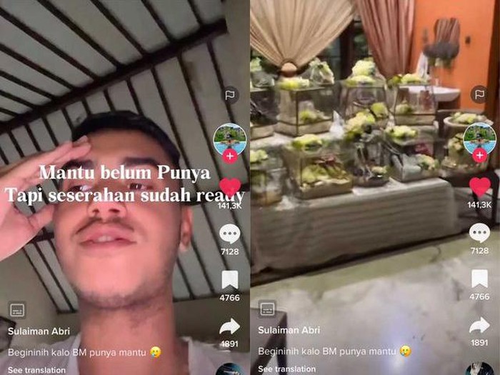 Pria mengunggah seserahan lengkap dengan isinya ada di meja makan rumahnya. Pria mengunggah seserahan lengkap dengan isinya ada di meja makan rumahnya.