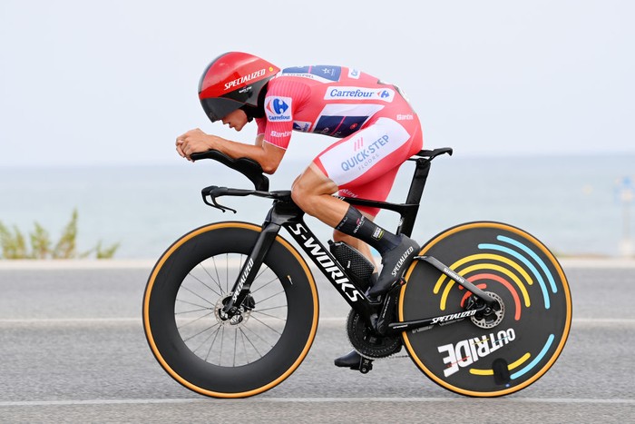 Belgian Remco Evenepoel of Quick-Step Alpha Vinyl wearing the red jersey for leader in the overall ranking greets his mother Agna, after stage 10 of the 2022 edition of the 'Vuelta a Espana', Tour of Spain cycling race, a 30,9 km individual time trial from Elche to Alicante, Spain, Tuesday 30 August 2022. BELGA PHOTO DAVID STOCKMAN (Photo by DAVID STOCKMAN / BELGA MAG / Belga via AFP) (Photo by DAVID STOCKMAN/BELGA MAG/AFP via Getty Images)