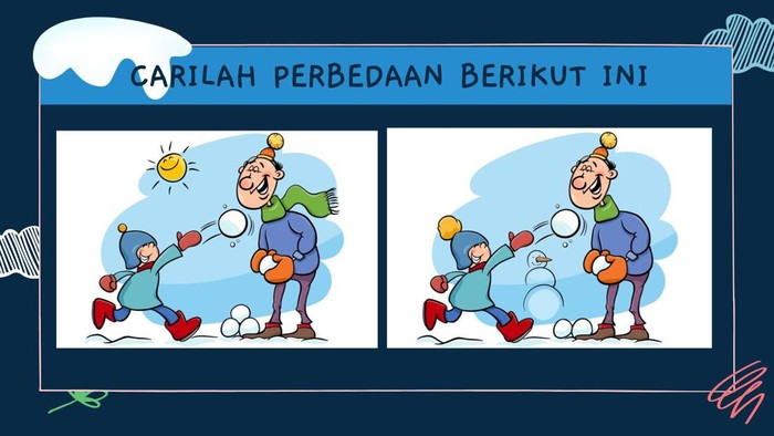 Wah! Kira-kira mana ya perbedaan dari gambar ayah dan anak sedang main salju ini?
