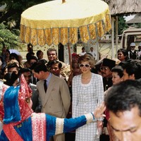 Putri Diana dan Pangeran Charles juga berkesempatan menyambangi Taman Mini Indonesia Indah. Blus motif houndstooth karya Catherine Walker menemani gayanya kali ini. Kacamata retro ikut melengkapi gayanya. (Foto: Getty Images/Princess Diana Archive)
