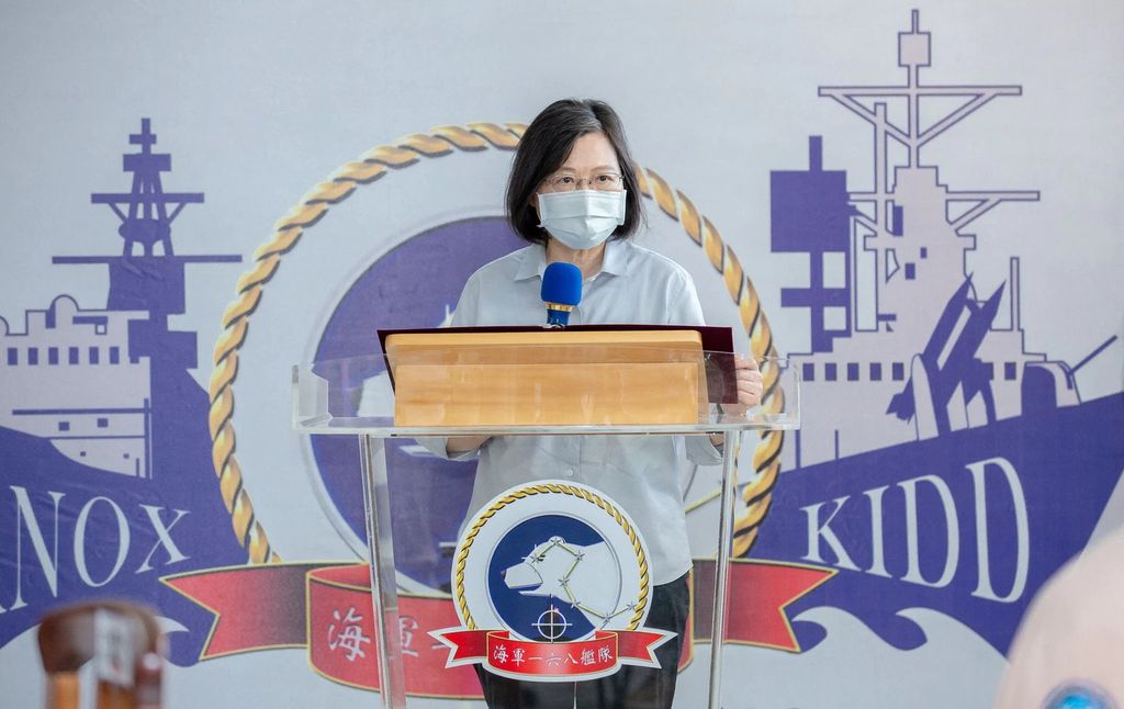 Taiwan's President Tsai Ing-wen delivers a speech during her visit to a naval base in Suao, Yilan, Taiwan in this handout picture released on August 18, 2022. Taiwan Presidential Office/Handout via REUTERS/File Photo