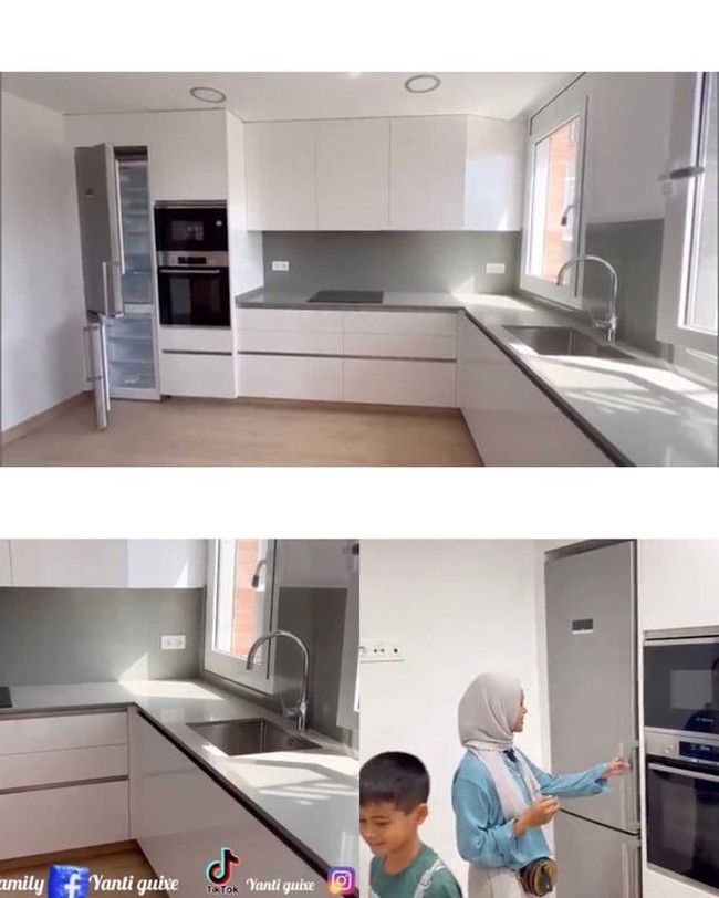 Marc memperlihatkan ruangan dapur yang menjadi tempat favorit sang istri. Dapurnya cantik sekali, kulkasnya tinggi sekali, sudah lebih dari cukup, ada microwave, oven, cabinet, untuk masak, tempat piring dan lainnya. Sambil masak bisa melihat pemandangan yang indah, terangnya.  Foto: Dok. Youtube Yanti Guixe family .