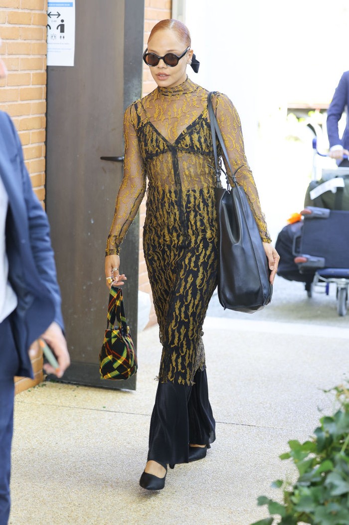 VENICE, ITALY - AUGUST 30: Tessa Thompson is seen arriving at Venice Airport during the 79th Venice International Film Festival on August 30, 2022 in Venice, Italy. (Photo by Photopix/GC Images)
