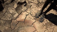 Seorang anak laki-laki dari suku Turkana yang terpencil di Kenya Utara berdiri di dasar sungai yang kering di dekat Lodwar, Kenya, Kamis (14/1/2021). (Getty Images/Christopher Furlong)  