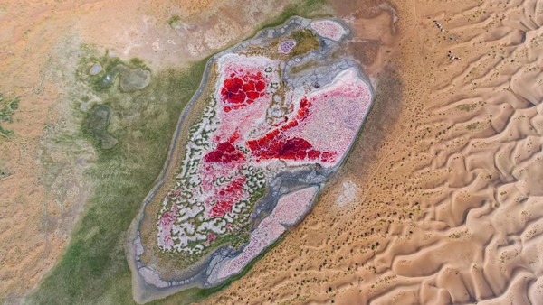 Lanjut, ada aerial dari Danau Ulaan di Daerah Otonomi Mongolia, China, pada 29 Agustus 2021. Danau ini dijuluki Jantung Bumi karena warnanya yang merah.