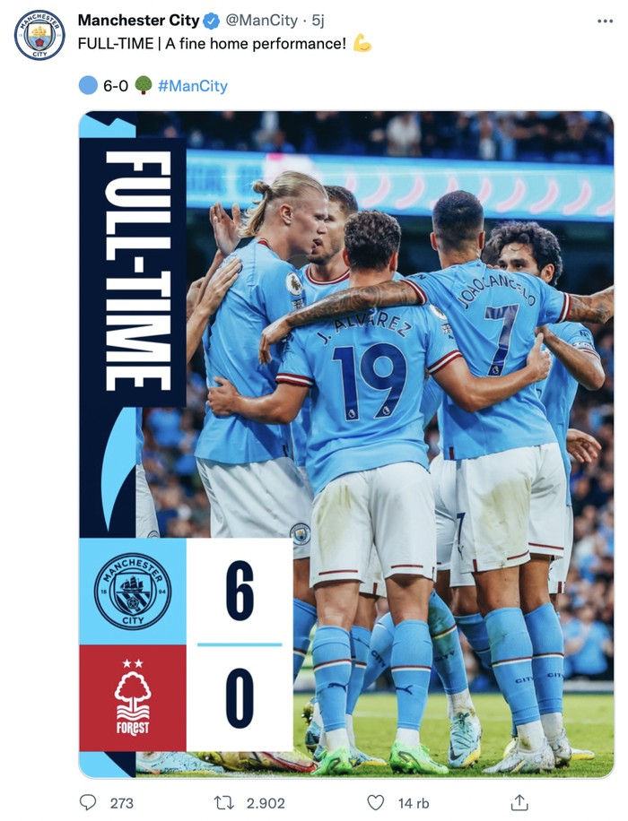 Penyerang anyar Man City, Earling Haaland, kembali membukukan hat-trick secara berturut-turut yang kali ini gawang Nottingham Forest jadi sasarannya.