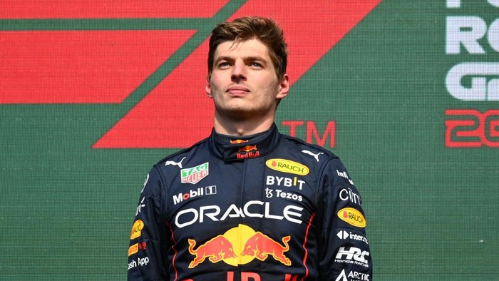 SPA, BELGIUM - AUGUST 28: Race winner Max Verstappen of the Netherlands and Oracle Red Bull Racing looks on from the podium during the F1 Grand Prix of Belgium at Circuit de Spa-Francorchamps on August 28, 2022 in Spa, Belgium. (Photo by Dan Mullan/Getty Images)