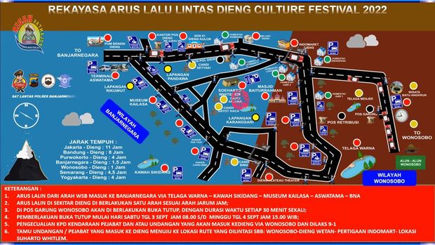 Pengalihan arus dan kantong parkir di Dieng Culture Festival 2022.