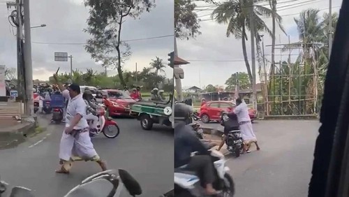 Video yang memperlihatkan seorang pria berpakaian adat mengamuk dengan membawa senjata tajam (sajam) di Simpang Semer, Kelurahan Kerobokan Kelod, Kecamatan Kuta Utara, Kabupaten Badung, Bali, Kamis (1/9/2022).