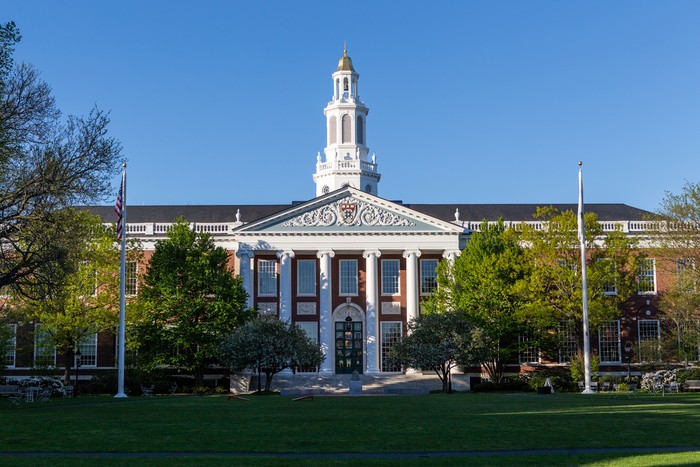 Boston, Massachusetts, USA - May 13, 2021: Baker Library on the Harvard Business School (HBS) campus. Dedicated in 1927 and named for George F. Baker, the benefactor who funded HBSs original campus. It is the largest business library in the world.