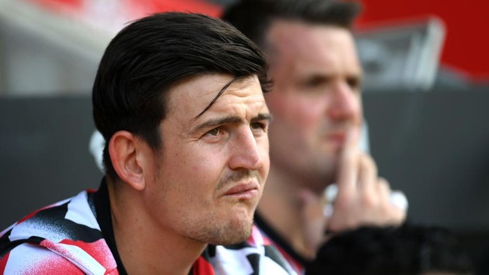 SOUTHAMPTON, ENGLAND - AUGUST 27: Harry Maguire of Manchester United looks on prior to the Premier League match between Southampton FC and Manchester United at Friends Provident St. Marys Stadium on August 27, 2022 in Southampton, England. (Photo by Mike Hewitt/Getty Images)