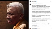 Sambo digambarkan Agan sudah menua, penuh keriput, beruban, dan masih berada di dalam bui. Keterangan foto dengan narasi panjang menjadi imajiner dan (mungkin saja) harapan masyarakat Indonesia. Foto: Courtesy of Agan Harahap/ Instagram