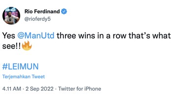 Begitu juga mantan punggawa MU, Rio Ferdinand, sangat senang akan tren positif Setan Merah ini. Foto: Twitter