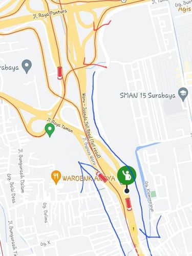 Rute Bus Trans Jatim yang berubah mendadak menurut pengguna. Rute merah rute aslinya, biru rute baru.
