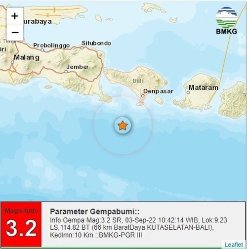 Gempa mengguncang Kuta Selatan dengan kekuatan magnitudo 3,2 pada pukul 10:42:14 WIB, Sabtu (3/9/2022).