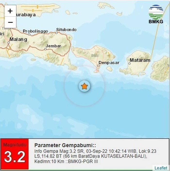 Gempa mengguncang Kuta Selatan dengan kekuatan magnitudo 3,2 pada pukul 10:42:14 WIB, Sabtu (3/9/2022).