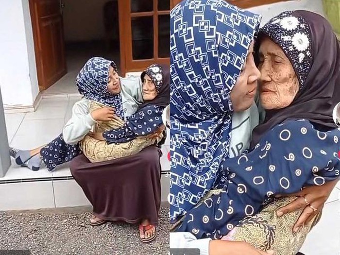 Viral seorang wanita yang menggendong ibunya menggunakan kain. Viral seorang wanita yang menggendong ibunya menggunakan kain.