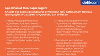 Ada delapan khasiat doa sapu jagat menurut pemaknaan Ibnu Katsir, Imam Nawawi, Ibnu Qayyim al-Jauziyah, Al-Qurthubi, dan al-Hasan: (Foto: Tim Infografis detikcom)