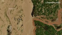 Banjir yang membentuk seperti danau raksasa itu berhasil diabadikan oleh Satelit ESA Copernicus Sentinel-2. (European Union/Copernicus Sentinel-2/Reuters)