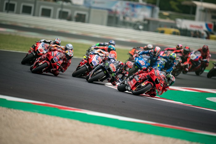 MISANO ADRIATICO, ITALY - SEPTEMBER 19: Francesco Bagnaia of Italy and Ducati Lenovo Team leads the race until the end during the race of the MotoGP Gran Premio Octo di San Marino e della Riviera di Rimini at Misano World Circuit on September 19, 2021 in Misano Adriatico, Italy. (Photo by Steve Wobser/Getty Images)