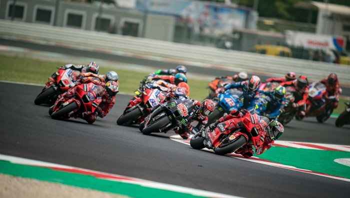 MISANO ADRIATICO, ITALY - SEPTEMBER 19: Francesco Bagnaia of Italy and Ducati Lenovo Team leads the race until the end during the race of the MotoGP Gran Premio Octo di San Marino e della Riviera di Rimini at Misano World Circuit on September 19, 2021 in Misano Adriatico, Italy. (Photo by Steve Wobser/Getty Images)