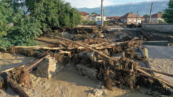 An aerial view of the village of Karavelovo, Bulgaria some 160 kms (100 miles) east of the capital Sofia. Nearly 1000 homes and buildings have been flooded in the Municipality of Karlovo and central Bulgaria after heavy rains.Precipitation in the area reached 190 litres per square metre.The flood destroyed several bridges.Racing waters pushed over many trees and caused the electricity. (Photo by Petar Petrov/Impact Press/NurPhoto via Getty Images)