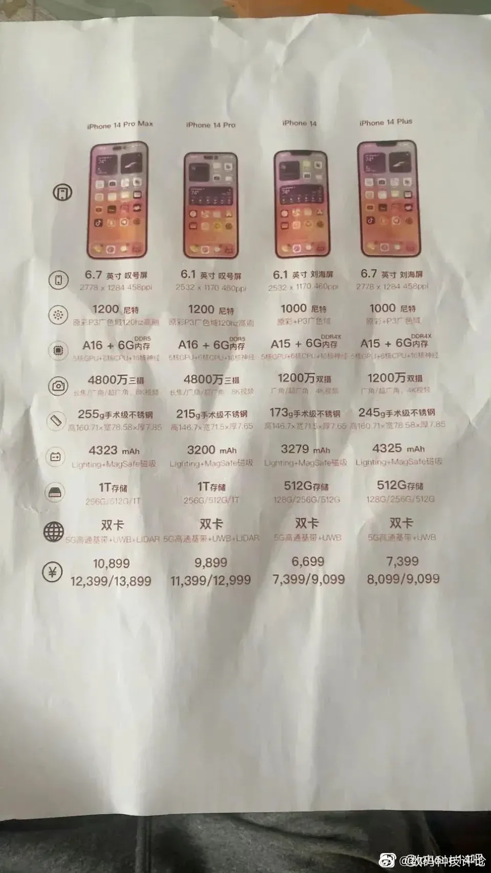 Bocoran spesikasi dan harga iPhone 14 yang beredar di media sosial Weibo.