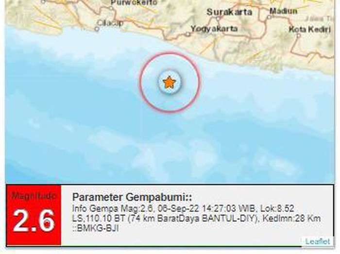 Gempa M 2,6 guncang perairan Bantul, Selasa (6/9/2022) jam 14.27 WIB.