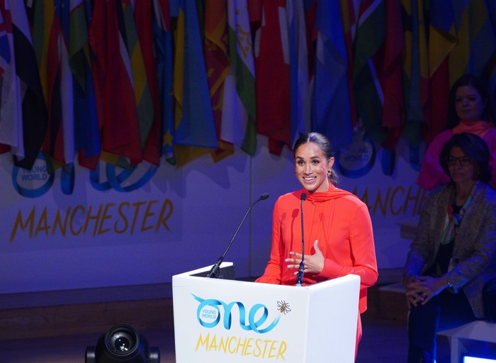The Duchess of Sussex speaks at the One Young World 2022 Manchester Summit at Bridgewater Hall, Manchester, during their visit to the UK. Picture date: Monday September 5, 2022. (Photo by Peter Byrne/PA Images via Getty Images)