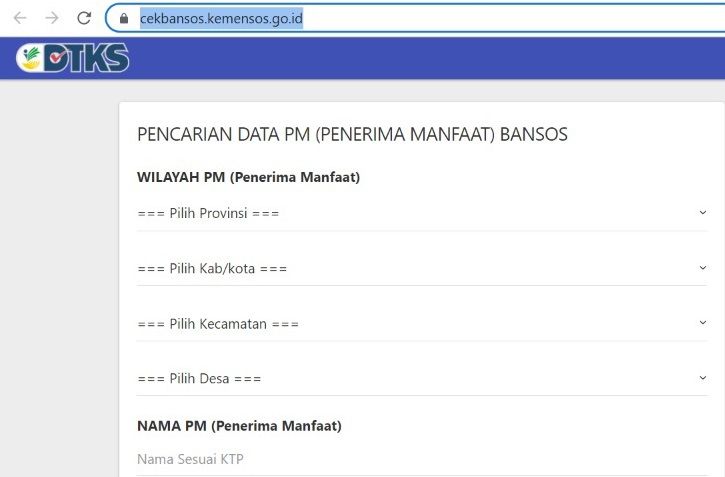 Screenshot website Cek Bansos Kemensos.go.id