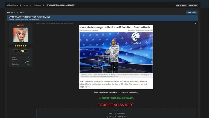 Pesan Bjorka untuk Kominfo