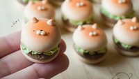 Macaron menggemaskan lainnya berbentuk burger sekaligus anjing yang lucu. Begini tampilannya, terlihat sayang untuk disantap! Foto: Twitter @CocoGjf